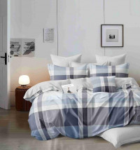 Постельное белье из сатина АЛЬВИТЕК клетка бежево-голубое семейное