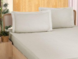 Простыня на резинке из страйп-сатина KARVEN P935 бежевая 100х200х33 с наволочкой 50х70