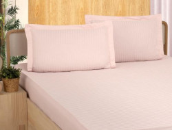 Простыня на резинке из страйп-сатина KARVEN P935 персиковая 100х200х33 с наволочкой 50х70