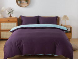 Постельное белье с простыней на резинке из сатина TANGO фиолетовое-голубое евро