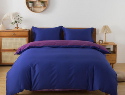 Постельное белье с простыней на резинке из сатина TANGO синее-фиолетовое евро